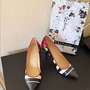 CL by Laundry Black and Red Striped Floral Heels